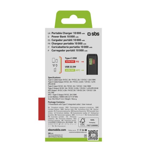 Powerbank SBS 10000 mAh 20W z wbudowanym kablem USB-C i wyświetlaczem cyfrowym - czarny