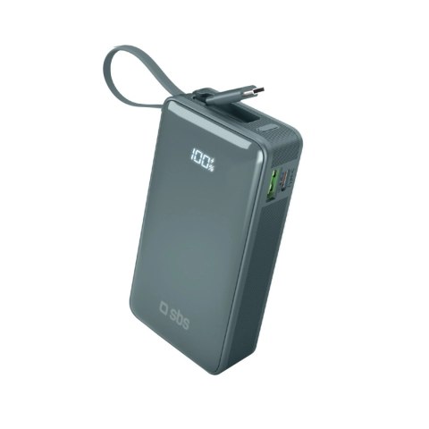 Powerbank SBS 10000 mAh 20W z wbudowanym kablem USB-C i wyświetlaczem cyfrowym - szary