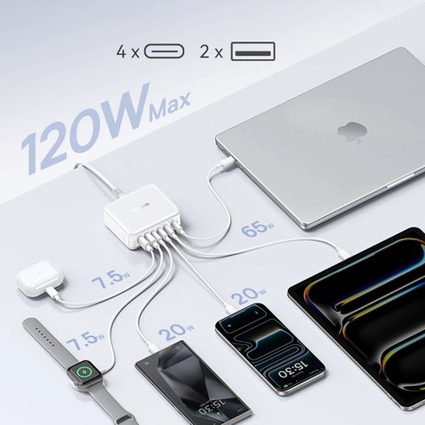 Stacja ładująca Baseus EnerFill FH21 120W 4xUSB-C + 2xUSB-A - biała
