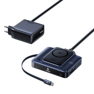 Stacja ładująca Baseus Nomos NH21 6w1 245W bezprzewodowa z dwoma zwijanymi kablami USB-C - czarna