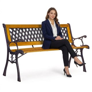 Drewniana ławka ogrodowa 126x51 cm z ażurowym oparciem i żeliwnymi nogami parkowa MultiGarden