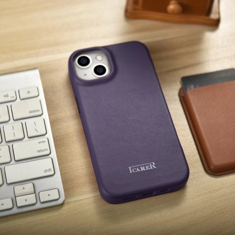 ICarer CE Premium Leather Folio Case skórzane etui iPhone 14 Plus z klapką magnetyczne MagSafe ciemnofioletowy (WMI14220715-DP)