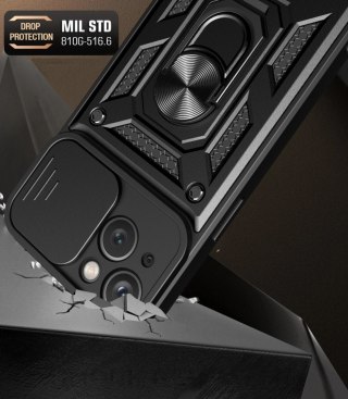 Pancerne etui z podstawką i osłoną aparatu do iPhone 15 Plus Hybrid Armor Camshield - czarne