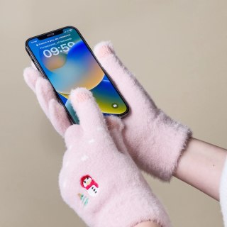 Rękawiczki zimowe do telefonu damskie z bałwankiem i choinką - różowe