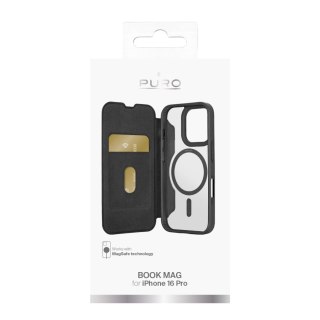 Etui skórzane Puro Book Mag MagSafe z klapką i schowkiem na karty do iPhone 16 Pro - czarne