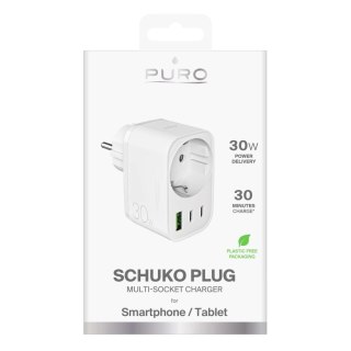 Ładowarka Puro 30W Power Delivery z wtyczką i gniazdem Schuko 2x USB-C + 1x USB-A - biała